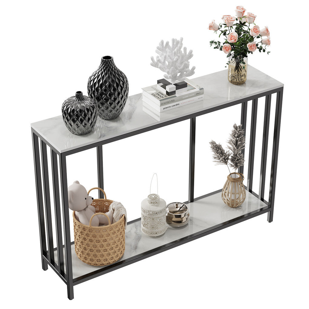 Side Tables: 2-Tier White Marble Entryway Console Table Extra Long Foyer Couch Table