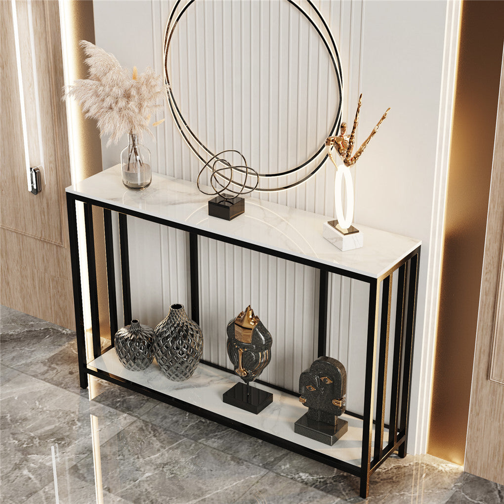 Side Tables: 2-Tier White Marble Entryway Console Table Extra Long Foyer Couch Table