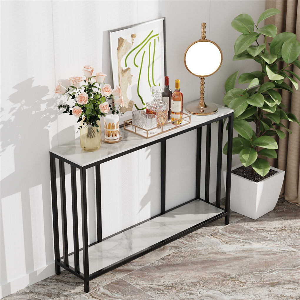 Side Tables: 2-Tier White Marble Entryway Console Table Extra Long Foyer Couch Table