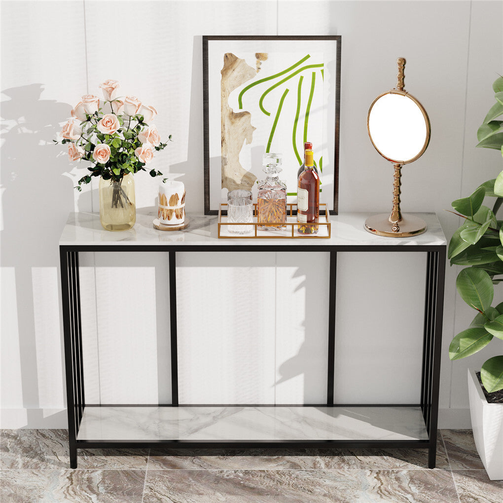 Side Tables: 2-Tier White Marble Entryway Console Table Extra Long Foyer Couch Table