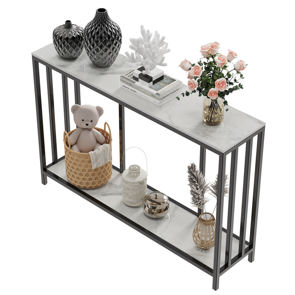 Side Tables: 2-Tier White Marble Entryway Console Table Extra Long Foyer Couch Table