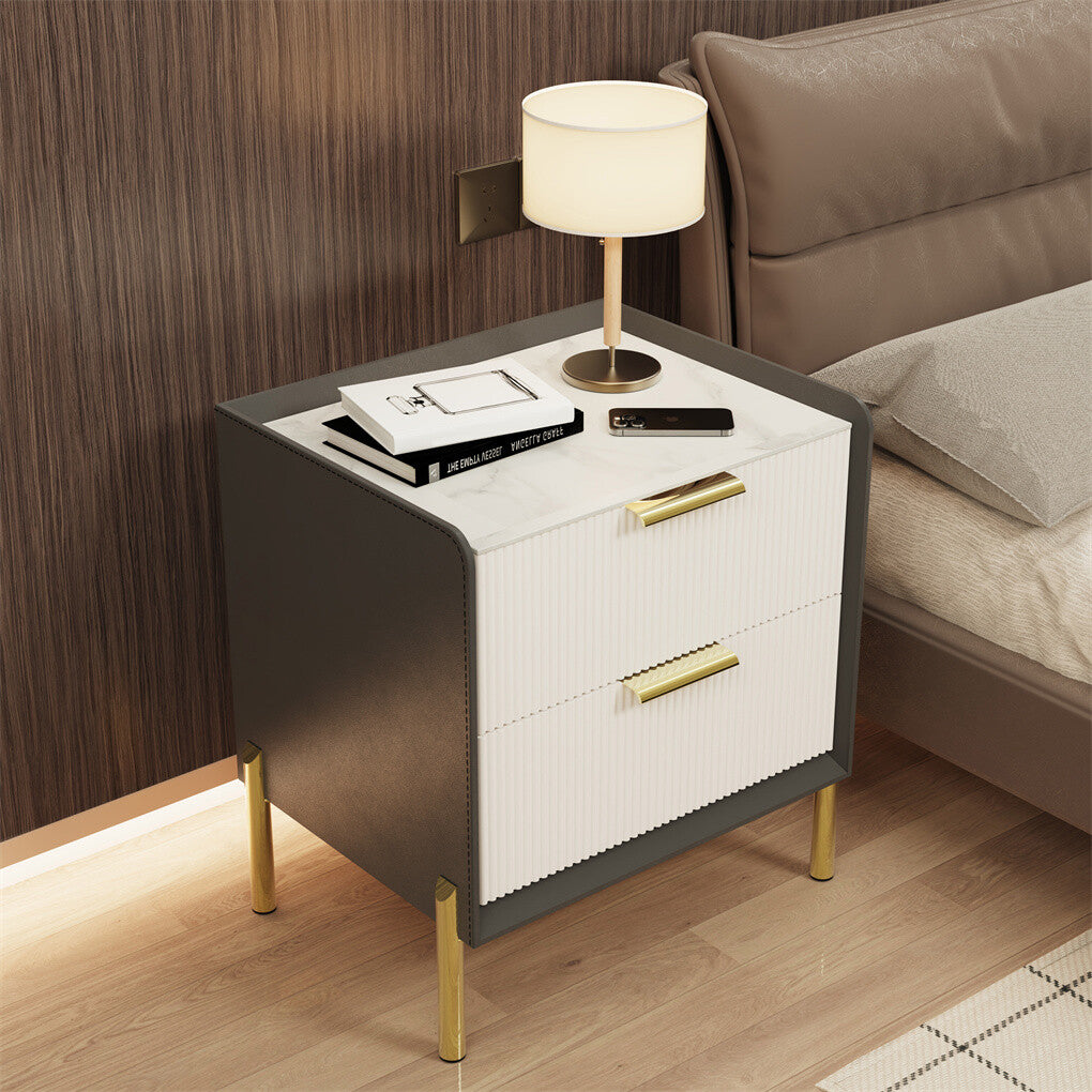 3 Tier Leather Sides Bedside Table Wooden Nighstand Marble Top Luxury Furniture