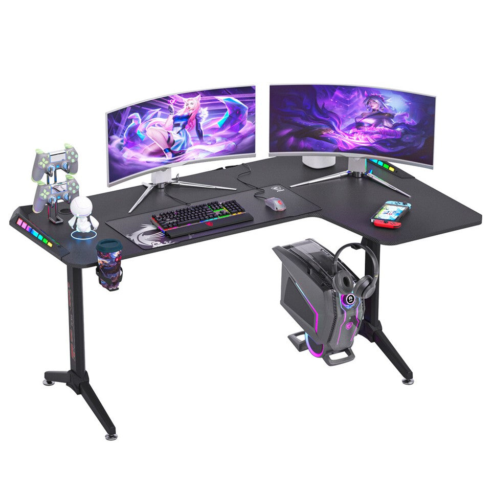 Desks: Multi-Style Pro Gaming Desk RGB LED L-Shaped PC Computer Studio Gamer Table Carbon Fibre