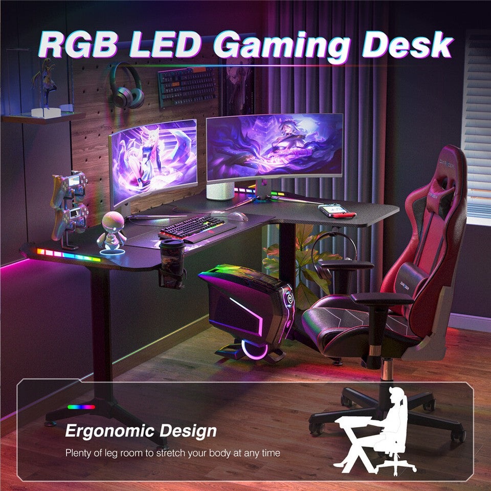 Desks: Multi-Style Pro Gaming Desk RGB LED L-Shaped PC Computer Studio Gamer Table Carbon Fibre