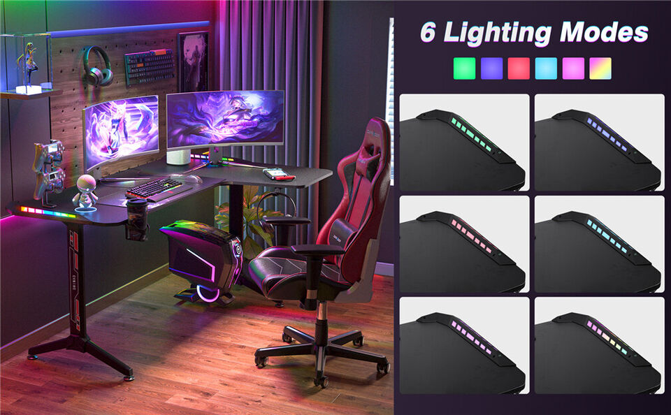 Desks: Multi-Style Pro Gaming Desk RGB LED L-Shaped PC Computer Studio Gamer Table Carbon Fibre