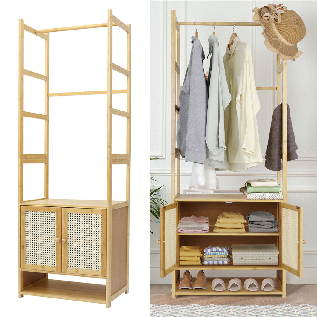 Coat Racks: High Strength Bamboo Clothing Rack Closet Organizer Storage Cabinet &Shoe Shelf