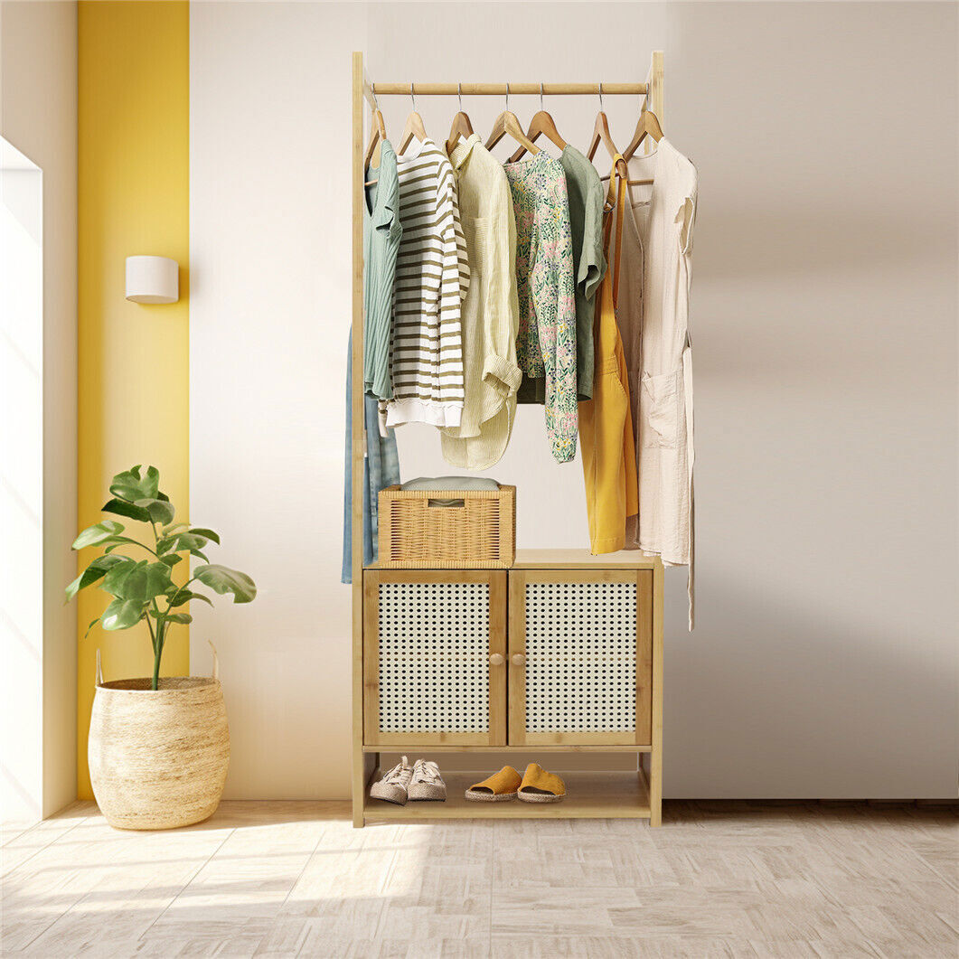 Coat Racks: High Strength Bamboo Clothing Rack Closet Organizer Storage Cabinet &Shoe Shelf