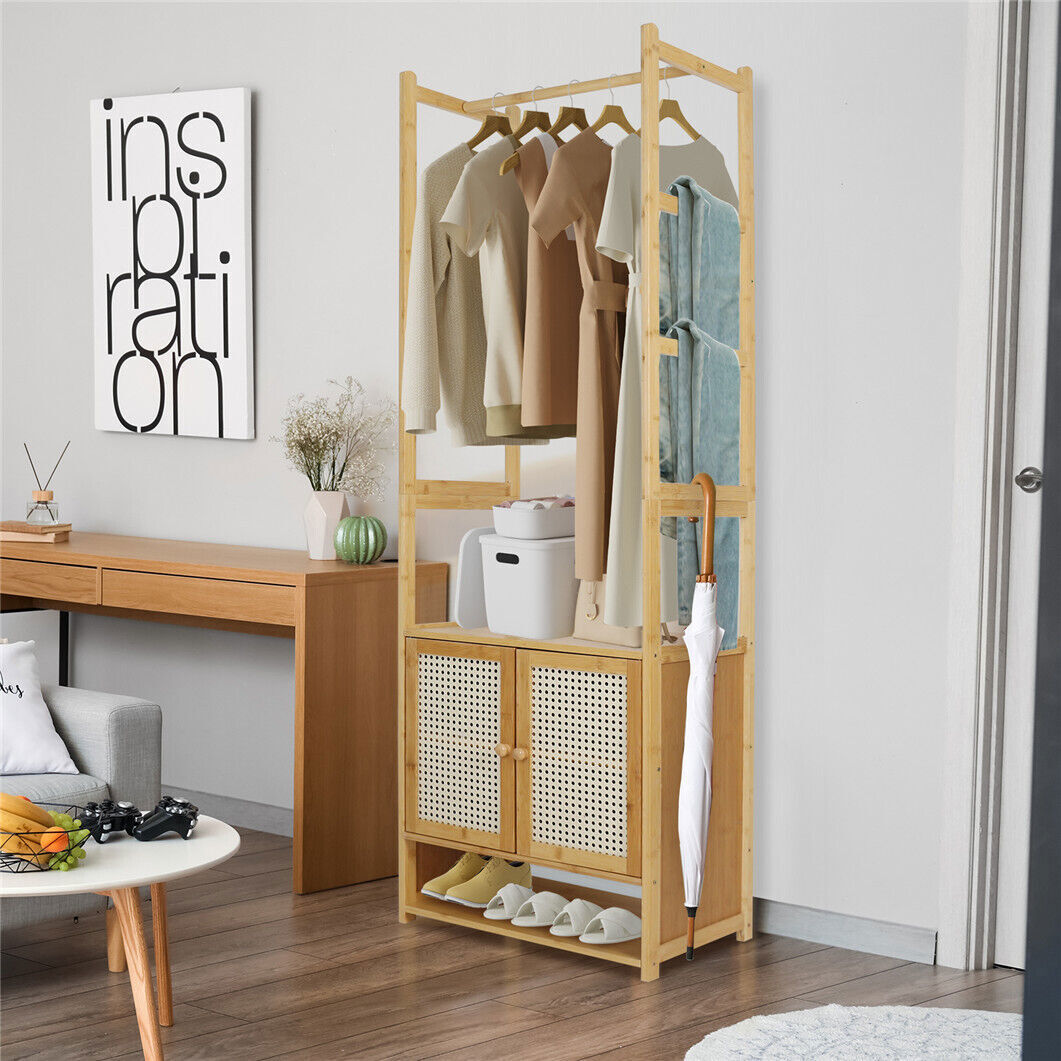 Coat Racks: High Strength Bamboo Clothing Rack Closet Organizer Storage Cabinet &Shoe Shelf