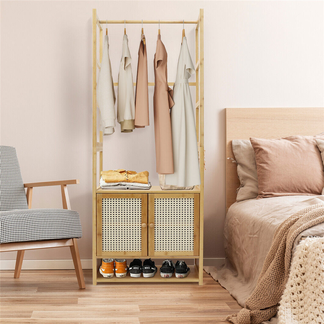 Coat Racks: High Strength Bamboo Clothing Rack Closet Organizer Storage Cabinet &Shoe Shelf