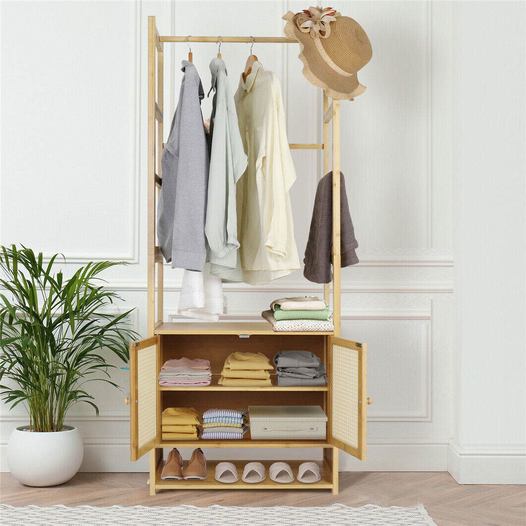 Coat Racks: High Strength Bamboo Clothing Rack Closet Organizer Storage Cabinet &Shoe Shelf