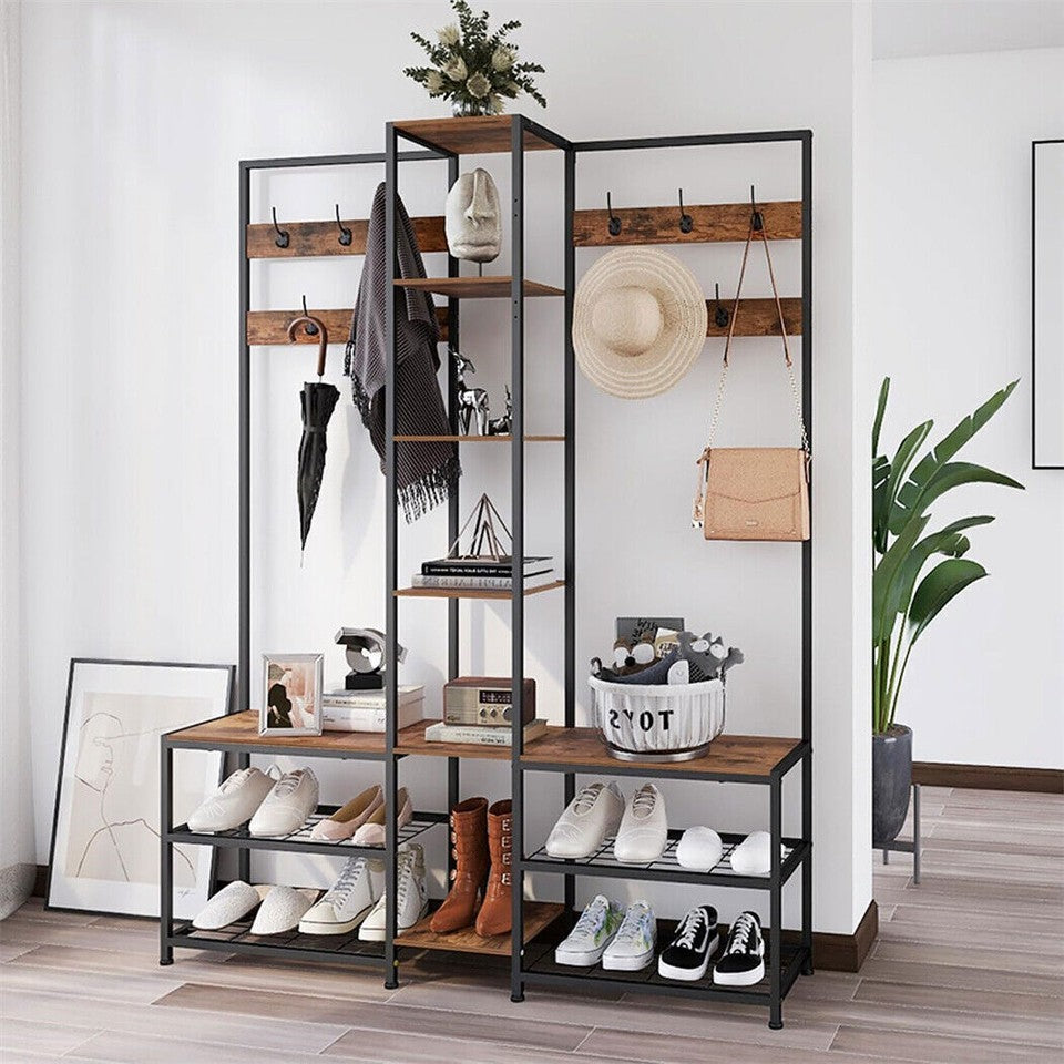 Coat Racks: Xxl Corner Coat Stand Widen Depth Bench Shoe Rack Storage Shelves 10 Dual Hooks