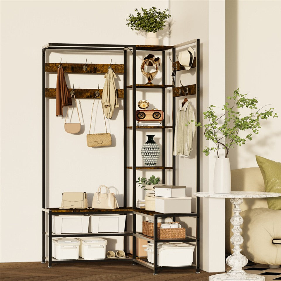 Coat Racks: Xxl Corner Coat Stand Widen Depth Bench Shoe Rack Storage Shelves 10 Dual Hooks