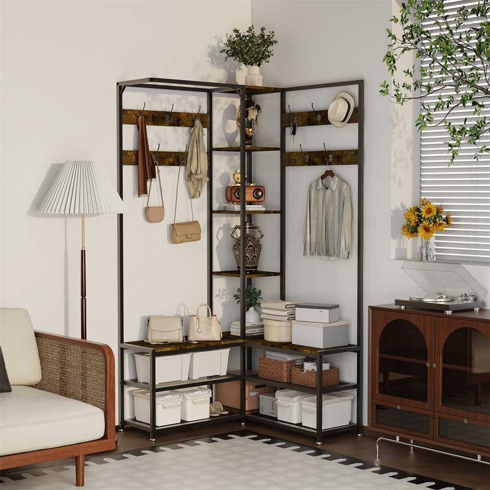 Coat Racks: Xxl Corner Coat Stand Widen Depth Bench Shoe Rack Storage Shelves 10 Dual Hooks