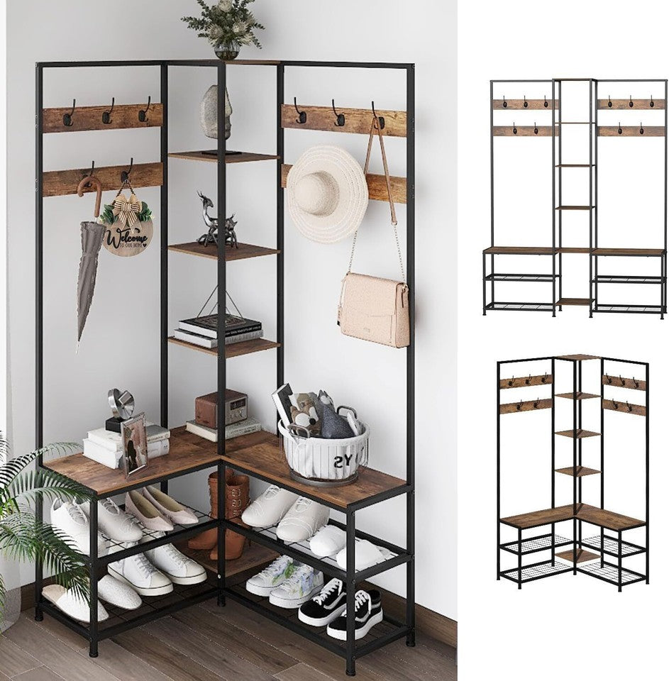 Coat Racks: Xxl Corner Coat Stand Widen Depth Bench Shoe Rack Storage Shelves 10 Dual Hooks