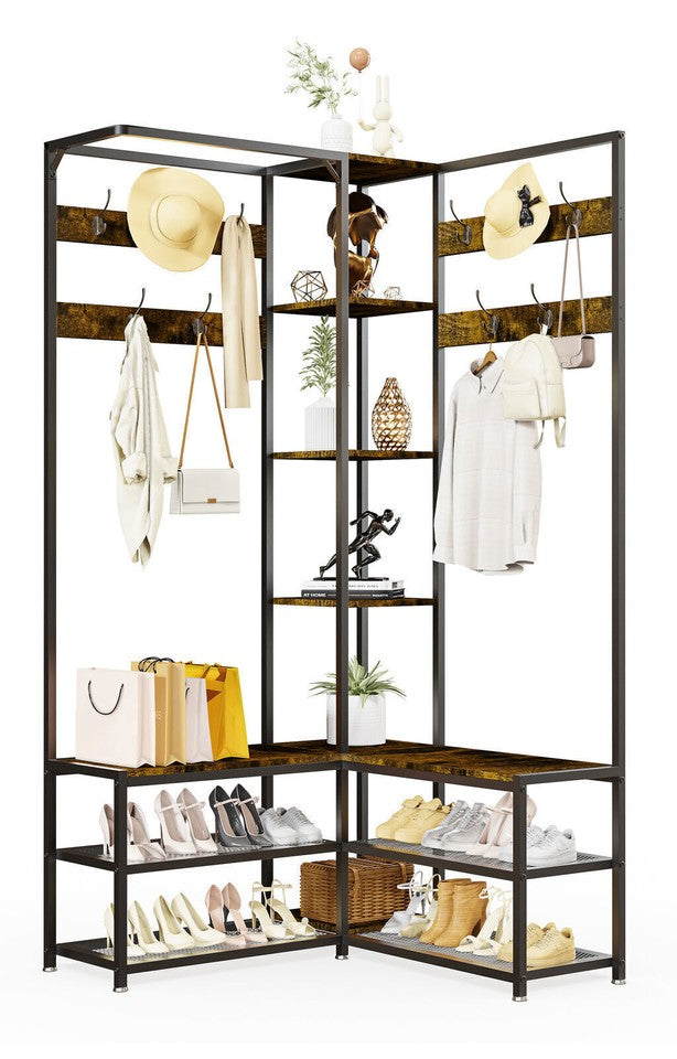 Coat Racks: Xxl Corner Coat Stand Widen Depth Bench Shoe Rack Storage Shelves 10 Dual Hooks