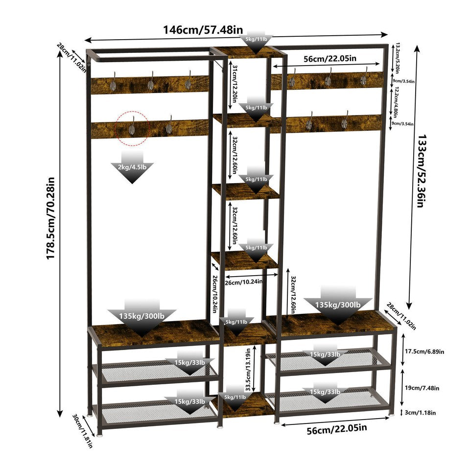 Coat Racks: Xxl Corner Coat Stand Widen Depth Bench Shoe Rack Storage Shelves 10 Dual Hooks