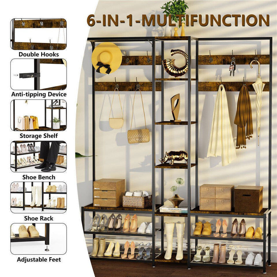 Coat Racks: Xxl Corner Coat Stand Widen Depth Bench Shoe Rack Storage Shelves 10 Dual Hooks