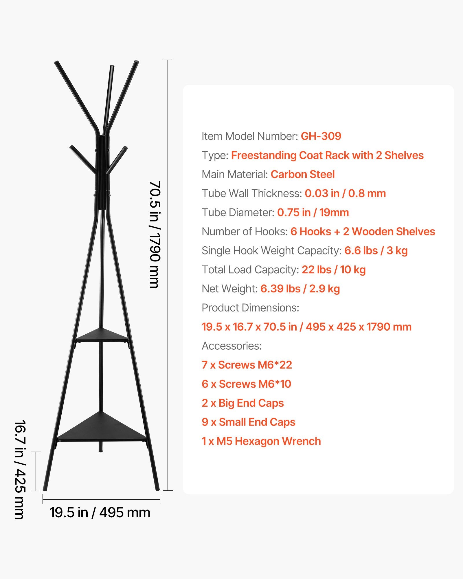 Coat Racks: Coat Rack, Freestanding Coats Rack Stand with 2 Shelves & 6 Hooks, Free Standing Hall Coat Tree