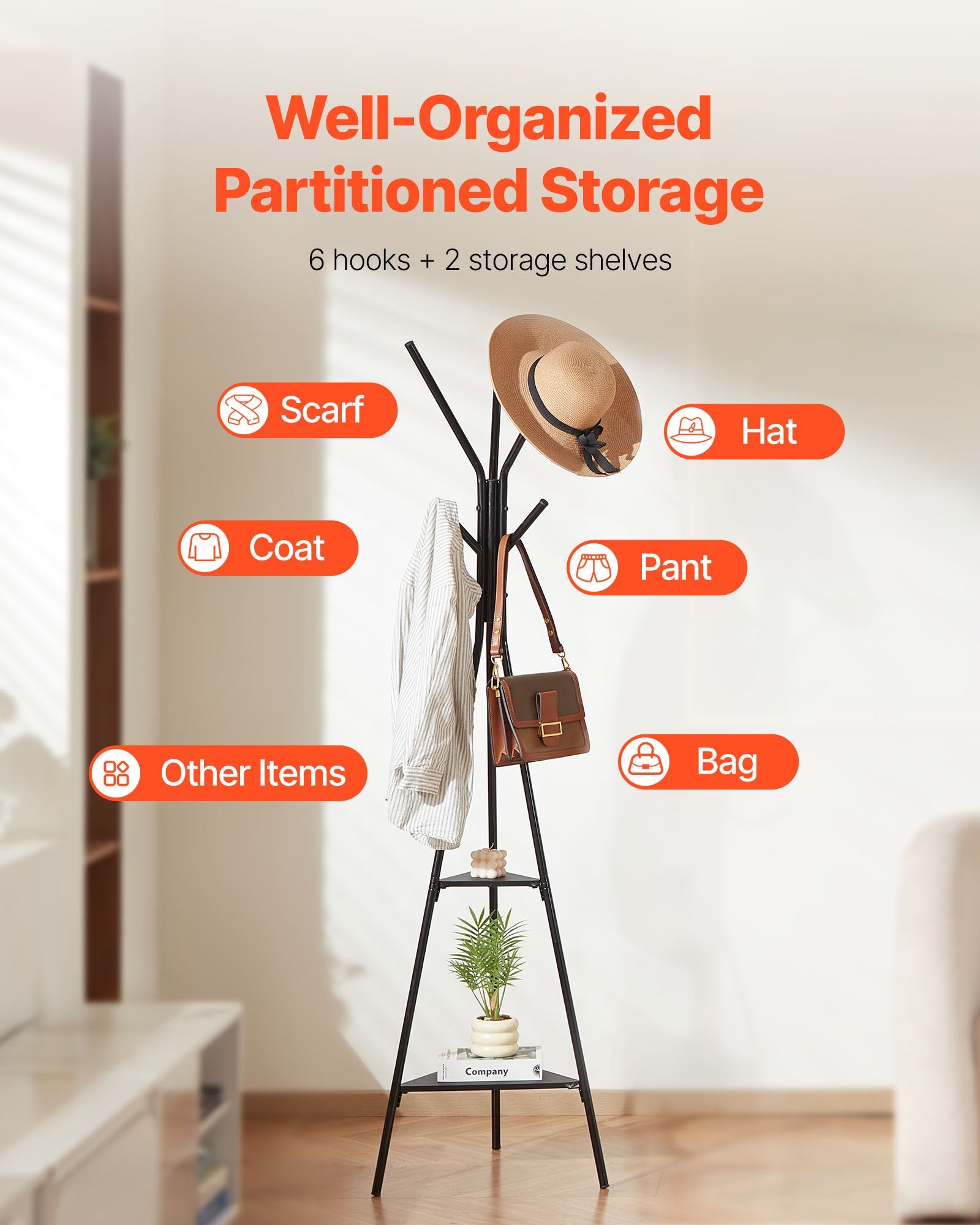 Coat Racks: Coat Rack, Freestanding Coats Rack Stand with 2 Shelves & 6 Hooks, Free Standing Hall Coat Tree
