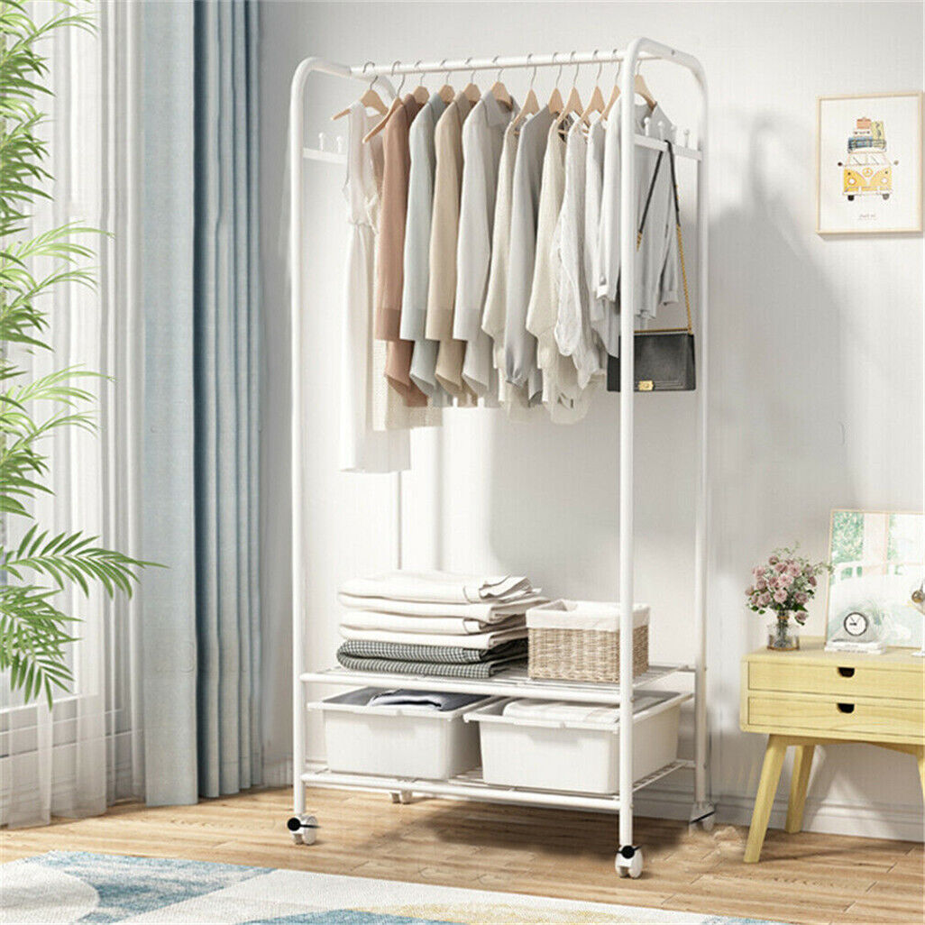 Clothing & Wardrobe Storage: 2Tier Rolling Free-Standing Clothing Garment Rack Closet Organizer Open Wardrobe