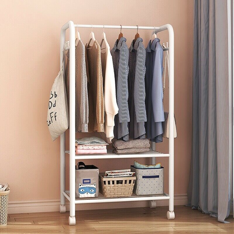 Clothing & Wardrobe Storage: 2Tier Rolling Free-Standing Clothing Garment Rack Closet Organizer Open Wardrobe