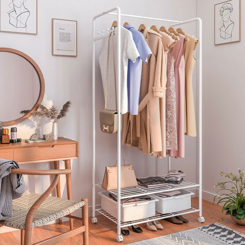 Clothing & Wardrobe Storage: 2Tier Rolling Free-Standing Clothing Garment Rack Closet Organizer Open Wardrobe