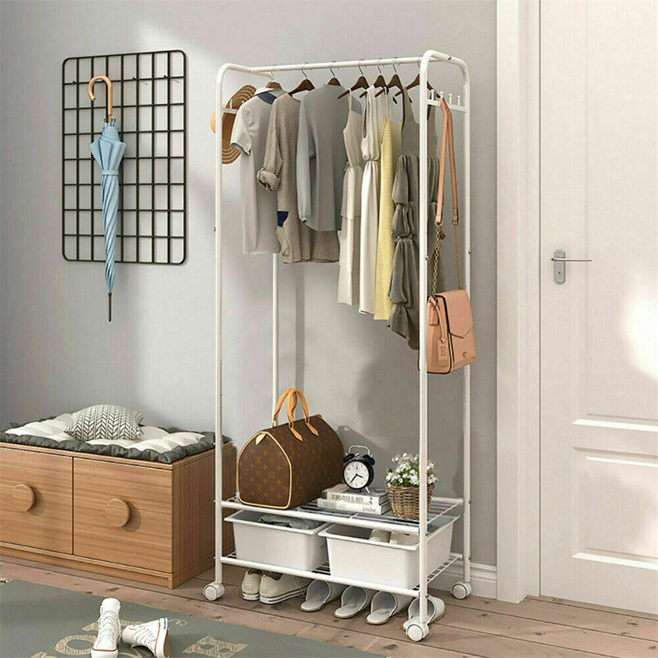 Clothing & Wardrobe Storage: 2Tier Rolling Free-Standing Clothing Garment Rack Closet Organizer Open Wardrobe
