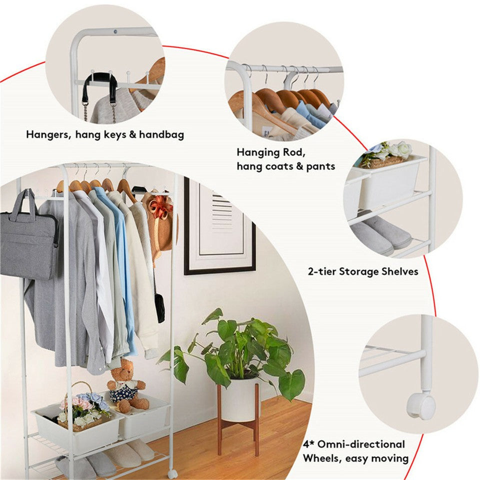 Clothing & Wardrobe Storage: 2Tier Rolling Free-Standing Clothing Garment Rack Closet Organizer Open Wardrobe
