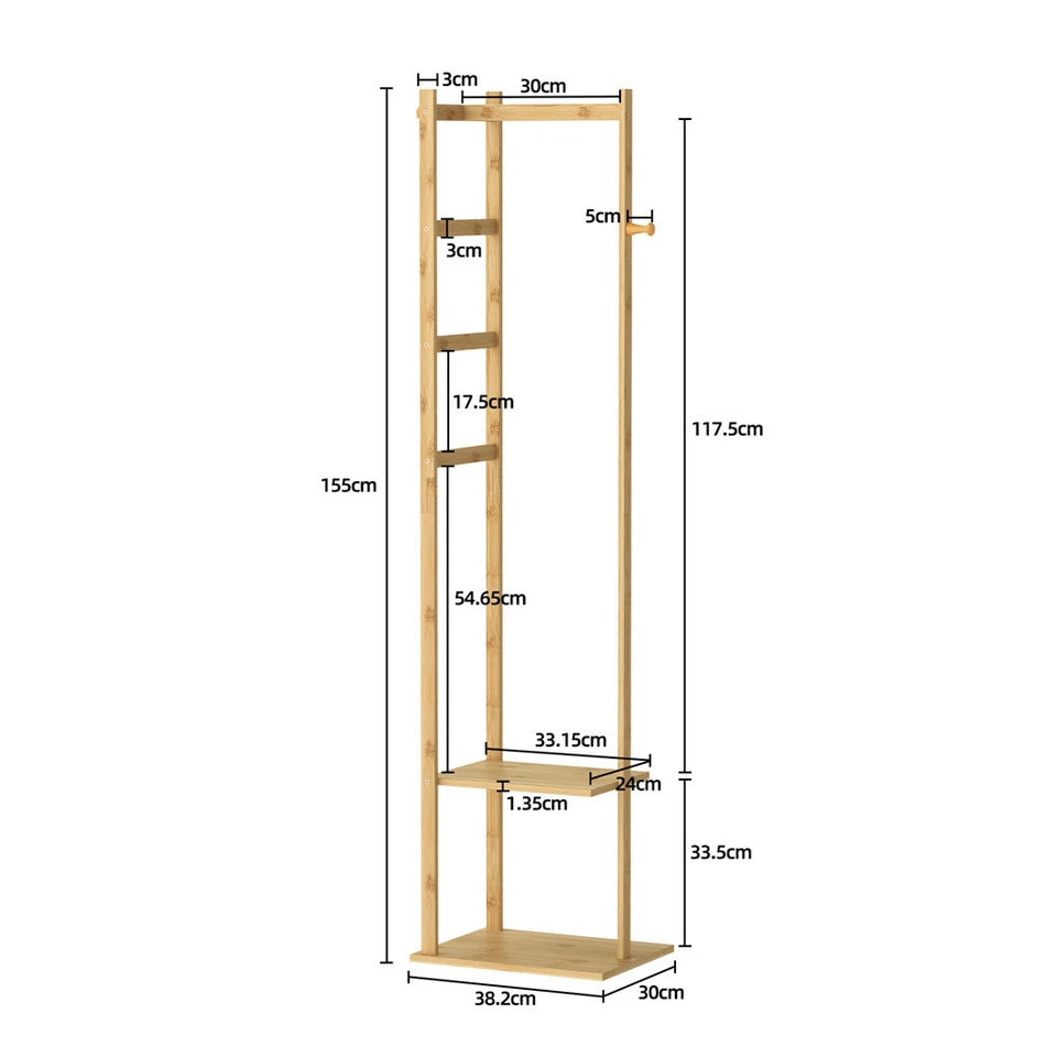 Bamboo Coat Stand Clothes Rack with Garment Shelf, Hanging Rail and Hooks