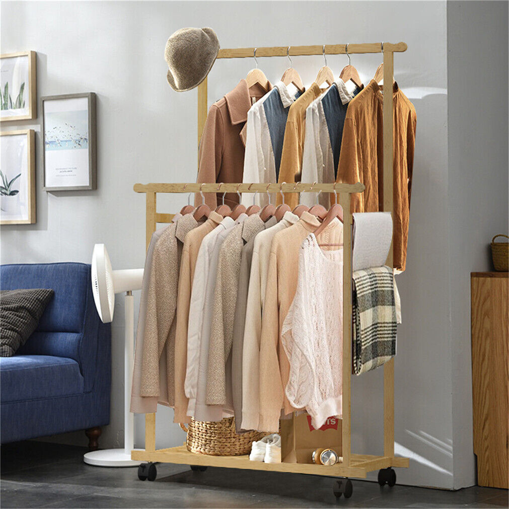 Coat Racks: Double Rail Heavy Strong Rolling Clothes Rack with Trousers Rack & Bottom Shelf