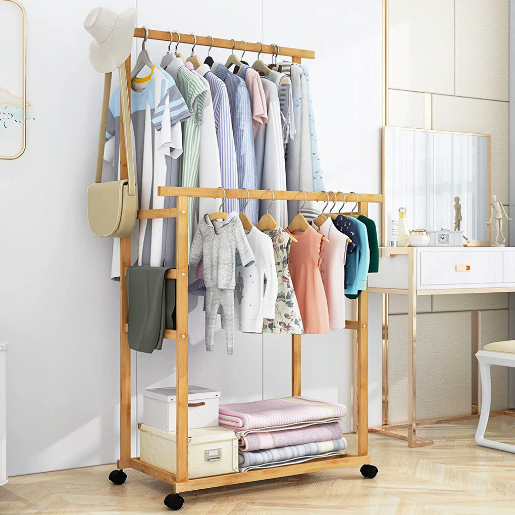 Coat Racks: Double Rail Heavy Strong Rolling Clothes Rack with Trousers Rack & Bottom Shelf