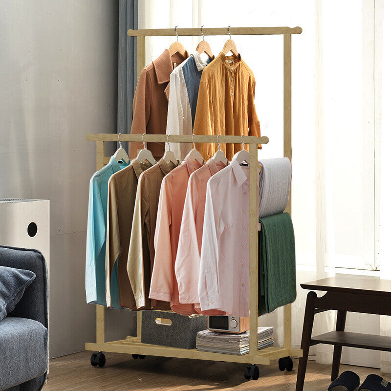 Coat Racks: Double Rail Heavy Strong Rolling Clothes Rack with Trousers Rack & Bottom Shelf