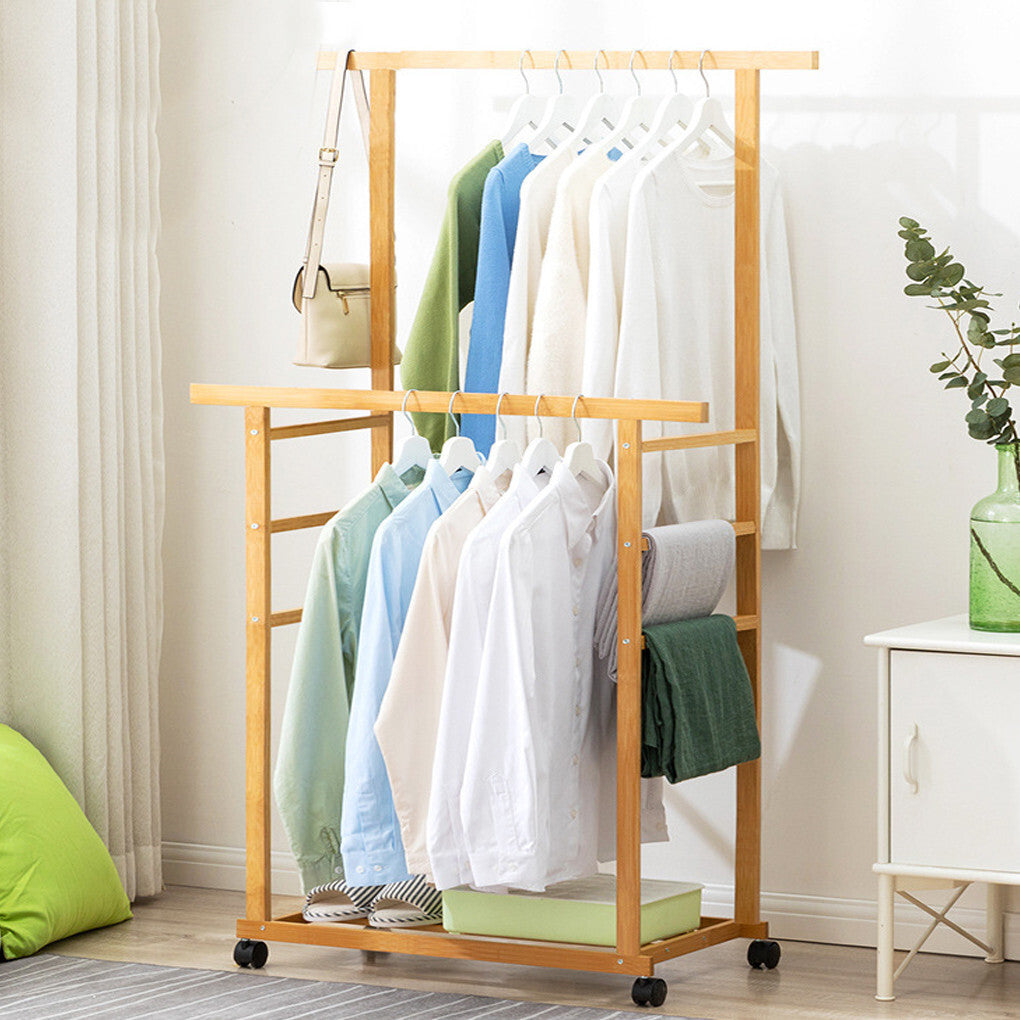 Coat Racks: Double Rail Heavy Strong Rolling Clothes Rack with Trousers Rack & Bottom Shelf