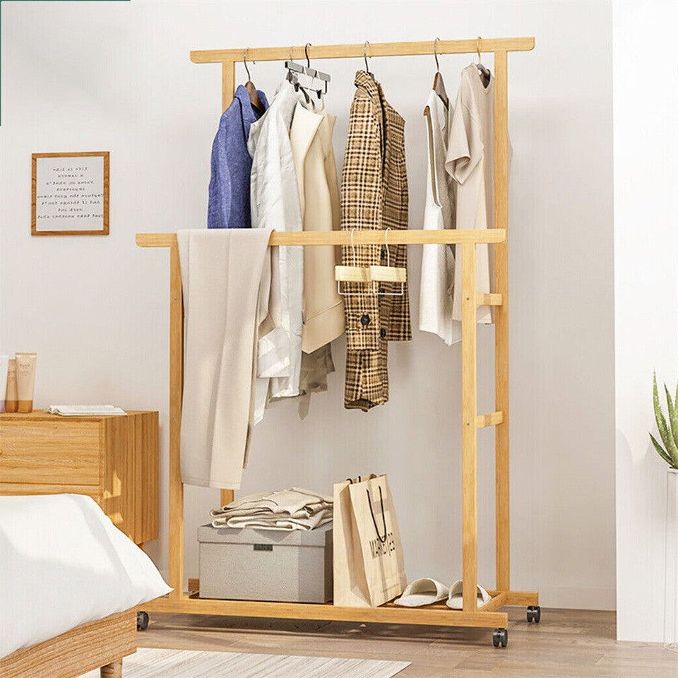 Coat Racks: Double Rail Heavy Strong Rolling Clothes Rack with Trousers Rack & Bottom Shelf