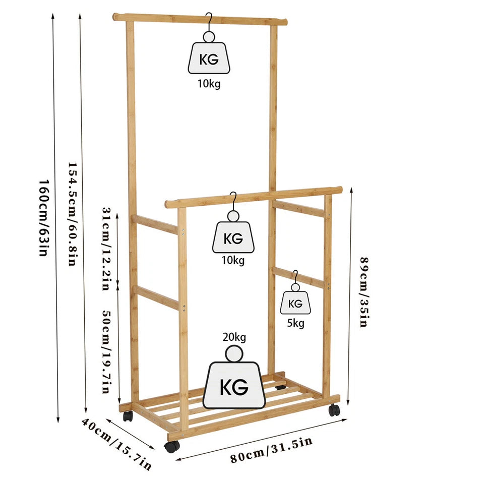 Portable Rolling Bamboo Clothes Rack for Kids with Hanging Rail