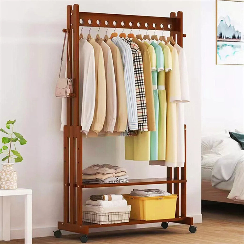 Coat Racks: Walnut Wood Rolling Clothing Garment Rack Open Wardrobe Entryway Bedroom Shop