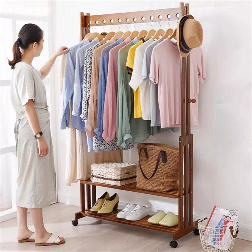 Coat Racks: Walnut Wood Rolling Clothing Garment Rack Open Wardrobe Entryway Bedroom Shop
