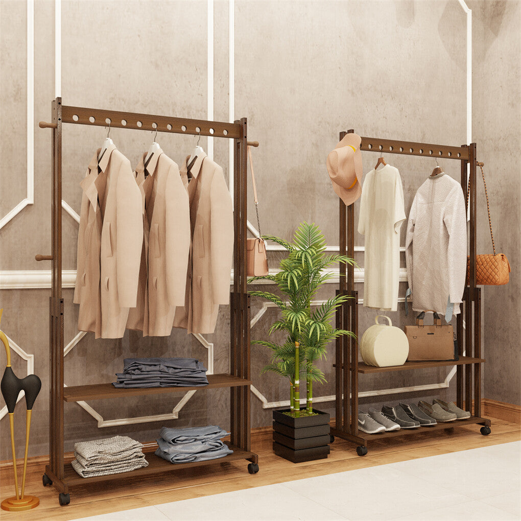 Coat Racks: Walnut Wood Rolling Clothing Garment Rack Open Wardrobe Entryway Bedroom Shop