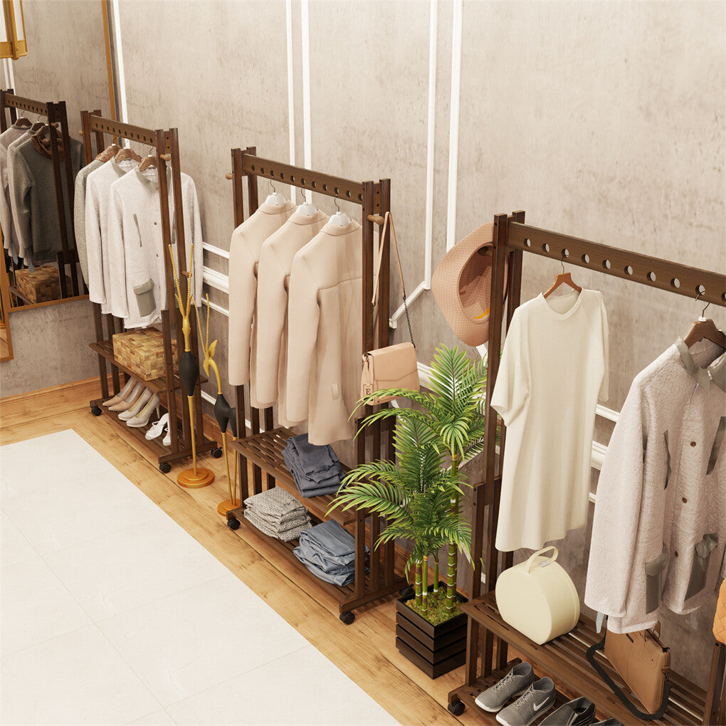 Coat Racks: Walnut Wood Rolling Clothing Garment Rack Open Wardrobe Entryway Bedroom Shop