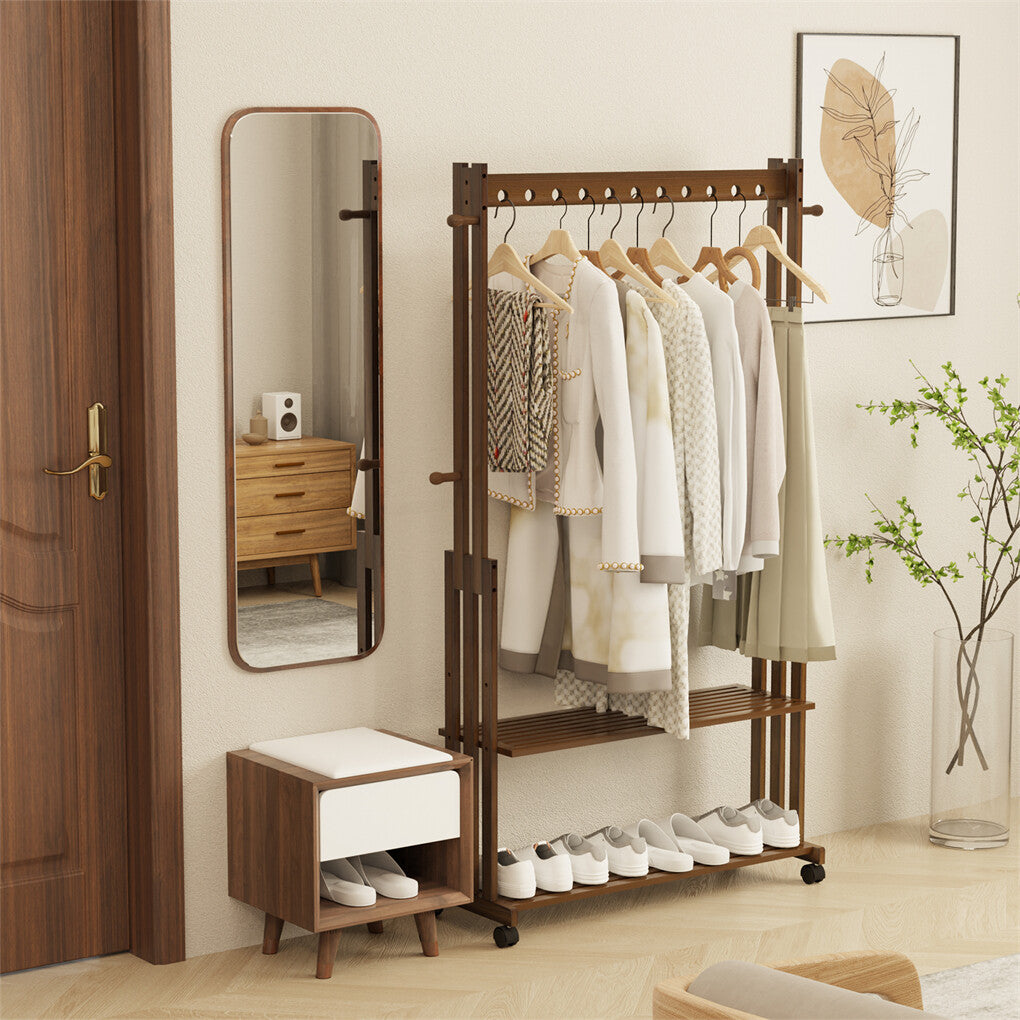 Coat Racks: Walnut Wood Rolling Clothing Garment Rack Open Wardrobe Entryway Bedroom Shop