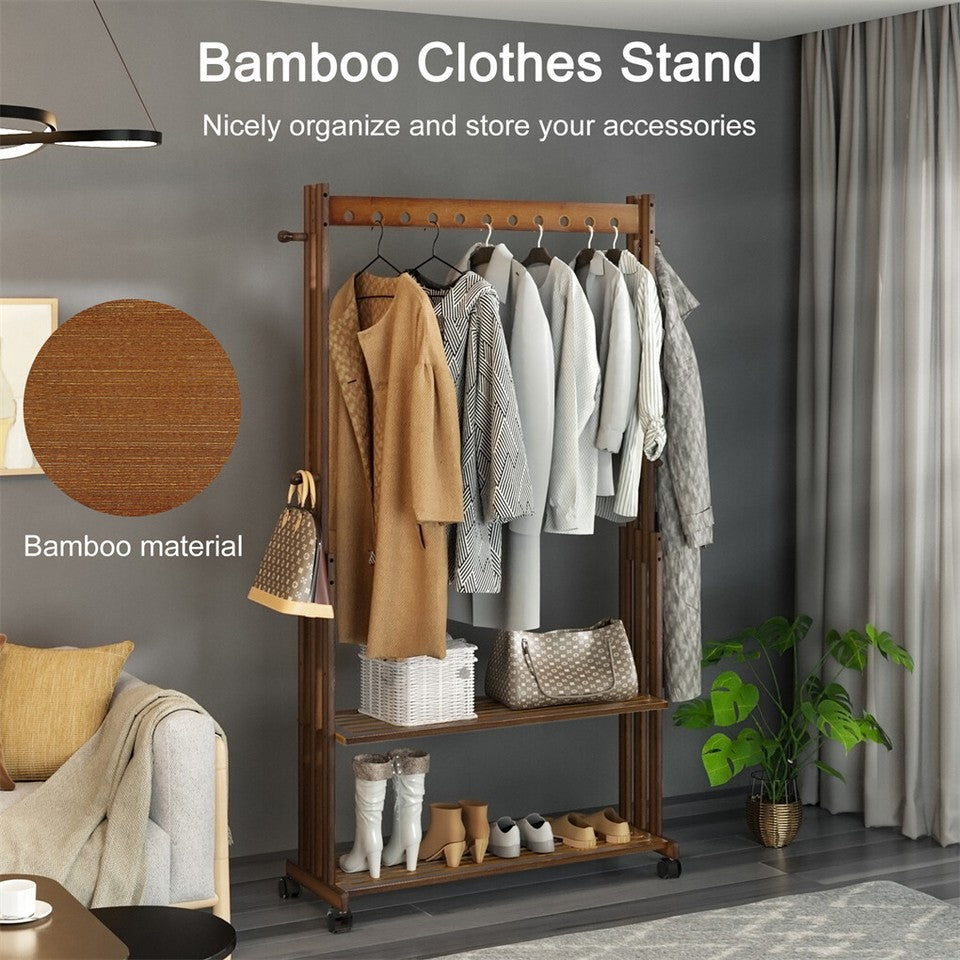 Coat Racks: Walnut Wood Rolling Clothing Garment Rack Open Wardrobe Entryway Bedroom Shop