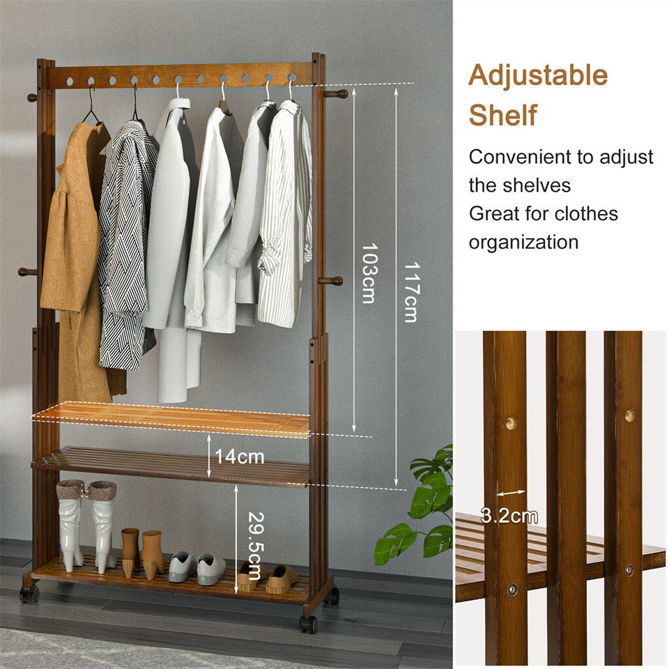 Coat Racks: Walnut Wood Rolling Clothing Garment Rack Open Wardrobe Entryway Bedroom Shop