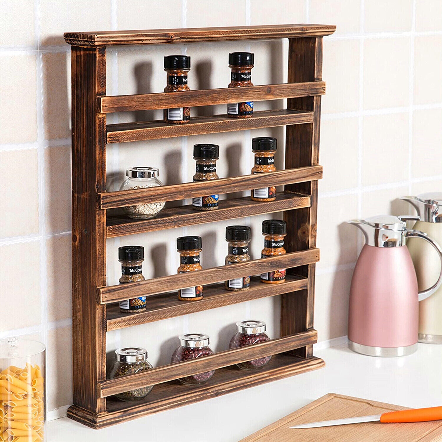 Wall Storage Racks: 4 Tiers Rustic Wood Spice Rack Organizer Wall Mounted Kitchen Shelves Space Save