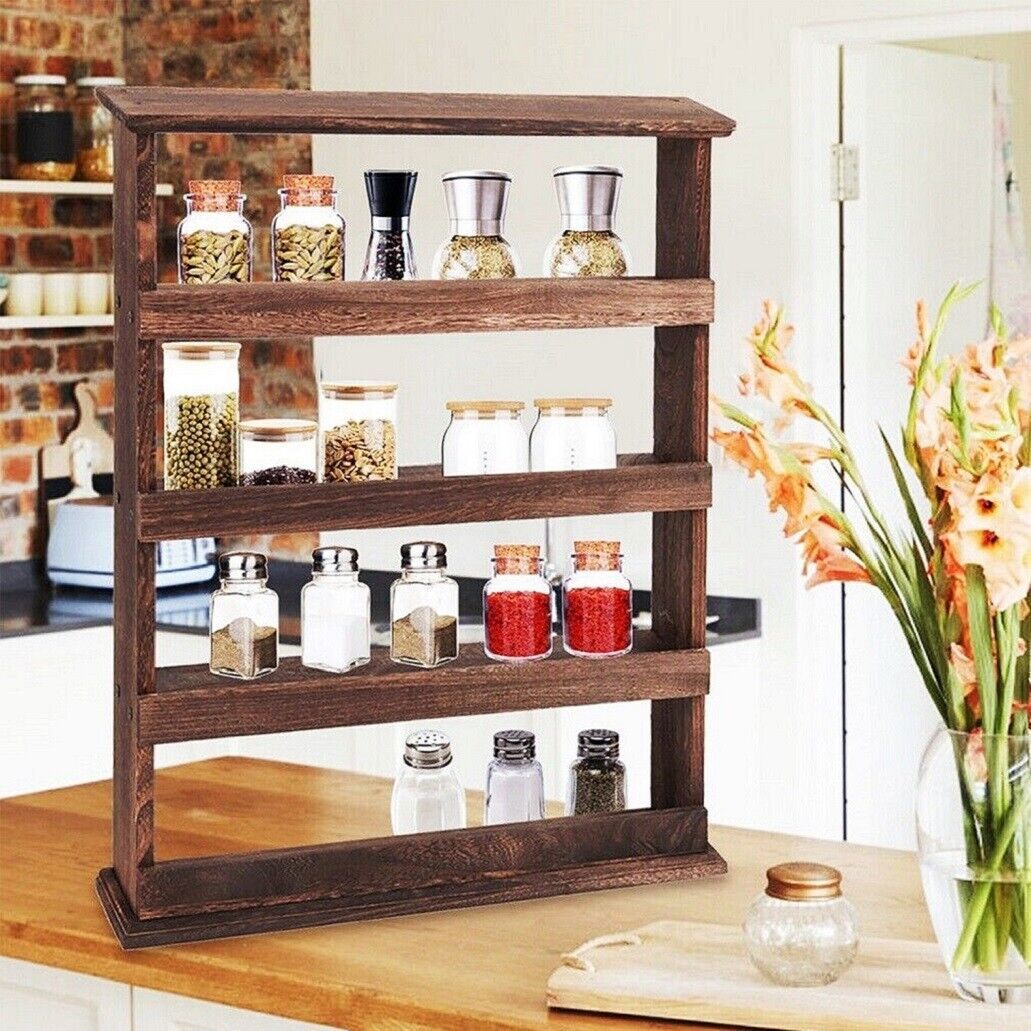 Wall Storage Racks: 4 Tiers Rustic Wood Spice Rack Organizer Wall Mounted Kitchen Shelves Space Save