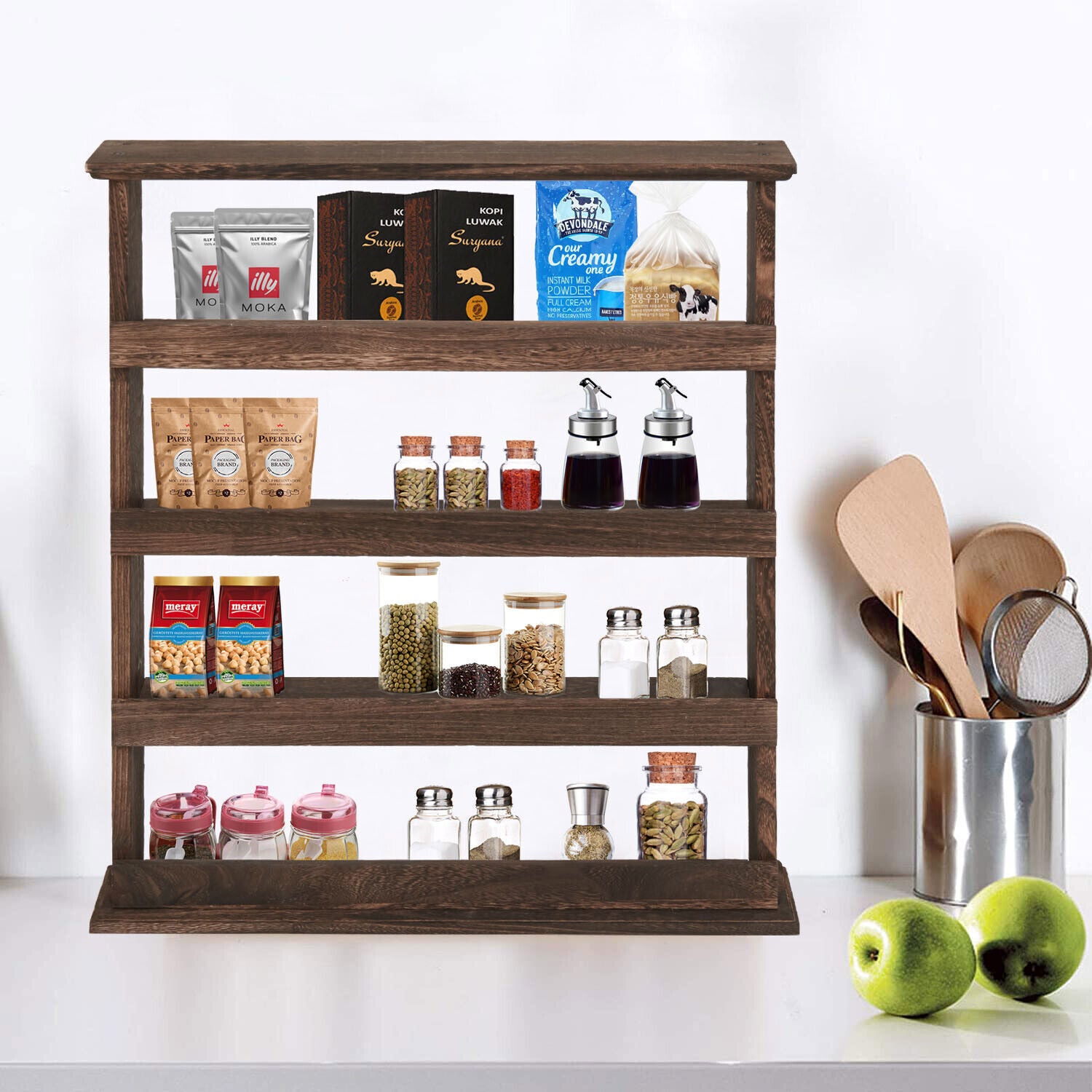 Wall Storage Racks: 4 Tiers Rustic Wood Spice Rack Organizer Wall Mounted Kitchen Shelves Space Save