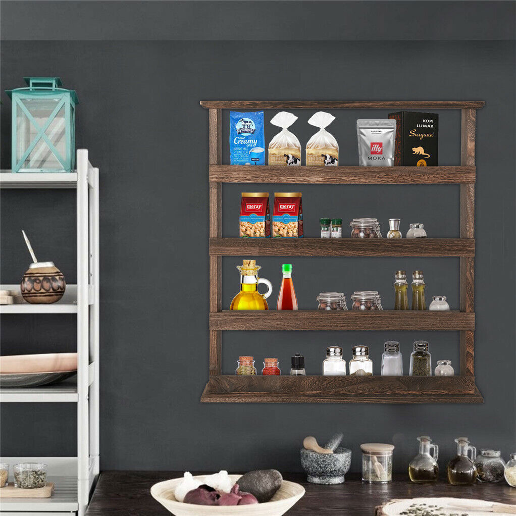 Wall Storage Racks: 4 Tiers Rustic Wood Spice Rack Organizer Wall Mounted Kitchen Shelves Space Save