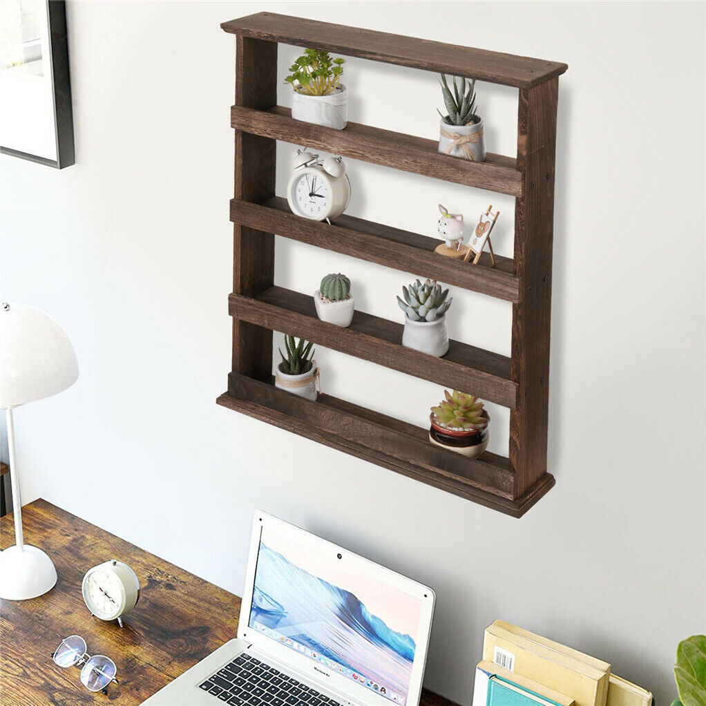 Wall Storage Racks: 4 Tiers Rustic Wood Spice Rack Organizer Wall Mounted Kitchen Shelves Space Save