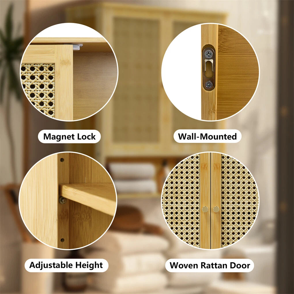 3 Tier Bathroom Wall Cabinet Rattan Door Bamboo Storage Shelf Over Toilet Cupboard Organizer