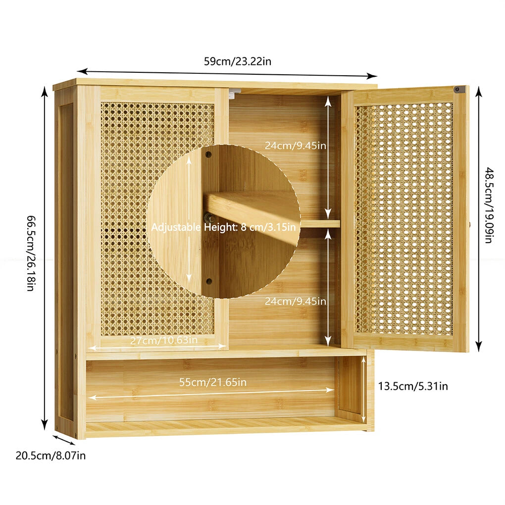 3 Tier Bathroom Wall Cabinet Rattan Door Bamboo Storage Shelf Over Toilet Cupboard Organizer