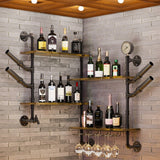 Wall Storage Racks: Industrial Pipe Bar Wall Liquor Shelf Floating Shelves with Wine Glass Holder